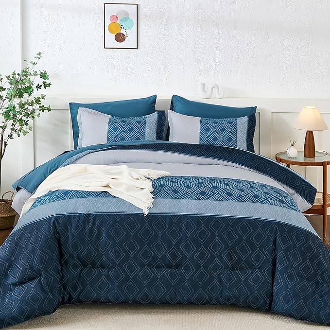 Dinjoy Navy Blue King Size Comforter Set,Striped Bed in a Bag King 7 Pieces Soft Microfiber Fall Bedding Comforters Sets with Sheet Boho Bed Complete Set for Men All Season