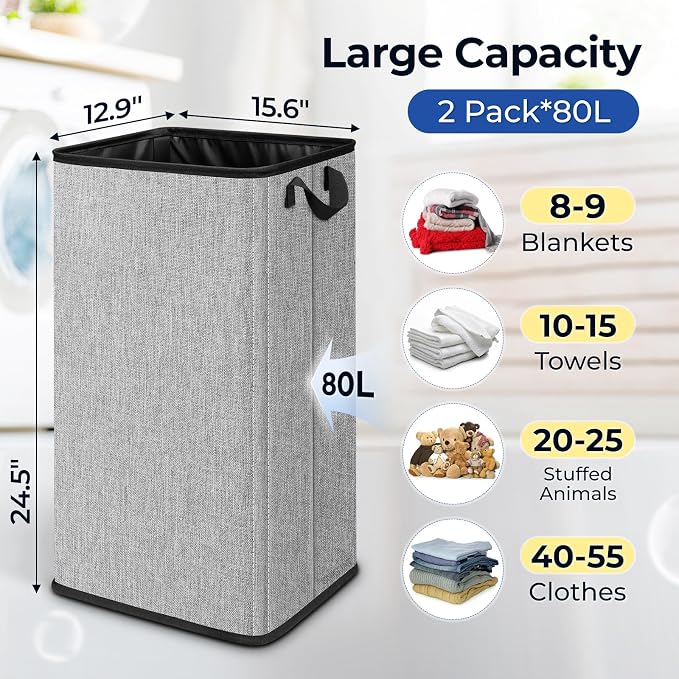 SNIGJAT 2 Pack Large Laundry Hamper, Tall Collapsible Laundry Basket with Sturdy Handles, Clothes Basket for Towels, Toys, Space-Saving Storage Dirty Clothes Hamper for Bedroom, Laundryroom, Dorm, RV - Image 2
