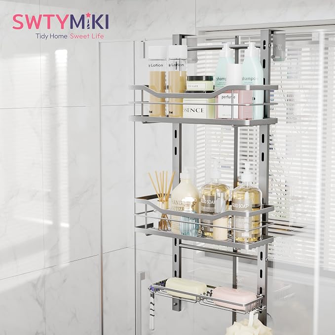 SWTYMIKI Over the Door Shower Caddy - 3 Tier Adjustable Shower Organizer Hanging with Soap Holder, No Drilling Stainless Steel Bathroom Rack Hanging for Body Wash, Shampoo, Soap, Razor, Silver - Image 2