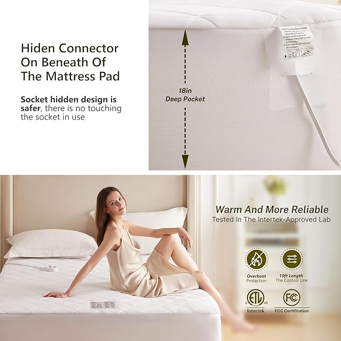 Heated Diamond Quilted Mattress Pad,King Size Dual Control,Soft Bed Warmer,10 Heat Settings,1-12 Hours Auto-Off,Fast Heating,ETL Certified,Machine Washable,Fit Up to 18" Deep Pocket,78"x80"