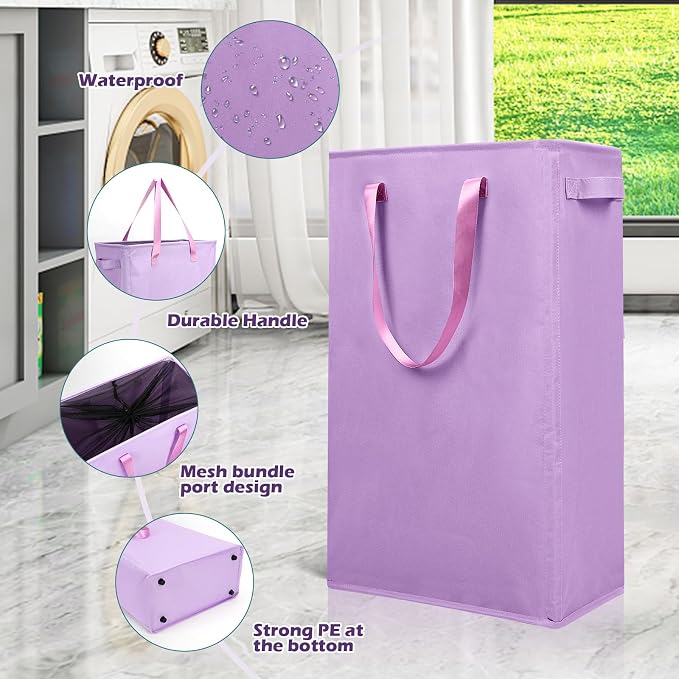 Odonata Slim Laundry Hamper Handles Collapsible Laundry Basket Thin Dirty Clothes Basket Narrow Laundry Bag Foldable Dirty Hamper 45L (Light Purple) - Image 5