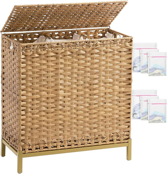 SETVSON Laundry Hamper with Lid 132 L, (35 Gallons) Clothes Hamper with Lid, Handwoven Rattan Laundry Hamper with Metal Heightened Feet, Laundry Hampers with 3 Removable Liner Bags for Laundry-Natural by SETVSON