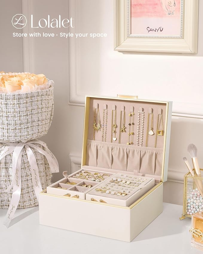 Lolalet Jewelry Box Organizer for Women Girls, 2 Layer Jewelry Organizers and Storage for Necklace Earrings Rings Bracelets, Large Jewellery Holder Case Birthday Mothers Day Gifts -Cream - Image 7