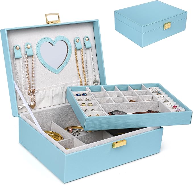 Dajasan Jewelry Box for Teenage Girl Gifts, Jewelry Organizer Box for Little Girls Kids, 2-Layer Large Jewelry Gift Box for Christmas, Valentine's Day, Birthday, Mother's Day (Blue) by DAJASAN