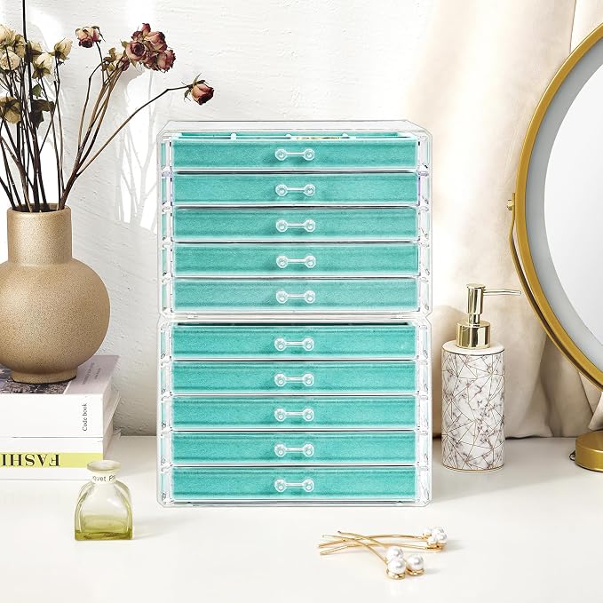 ProCase Earring Holder Organizer Jewelry Box with 10 Drawers, Acrylic Clear Earring Case with Adjustable Velvet Trays for Women - Aqua,10 Layers - Image 6