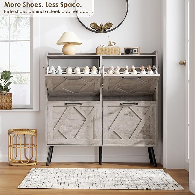 Nicetree Shoe Cabinet with 4 Flip Drawers, Freestanding Shoe Organizer Cabinet, Farmhouse Narrow Shoe Storage Cabinet for Entryway, Foyer, Hallway, Gray - Image 4