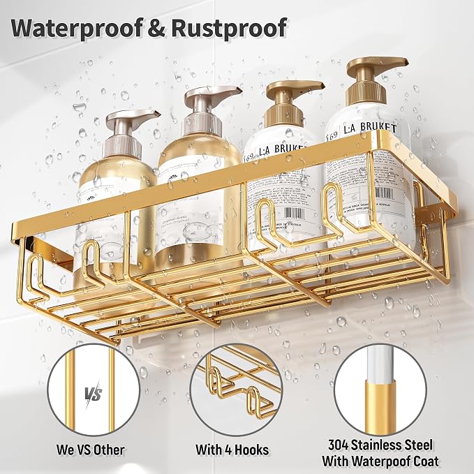Liuoud 10 Pack Shower Caddy Organizer Rack Shelf for Inside Shower, Self Adhesive Wall Storage Basket Rustproof Stainless Steel Shampoo Holder Bathroom Accessory Decor Set, Gold - Image 4