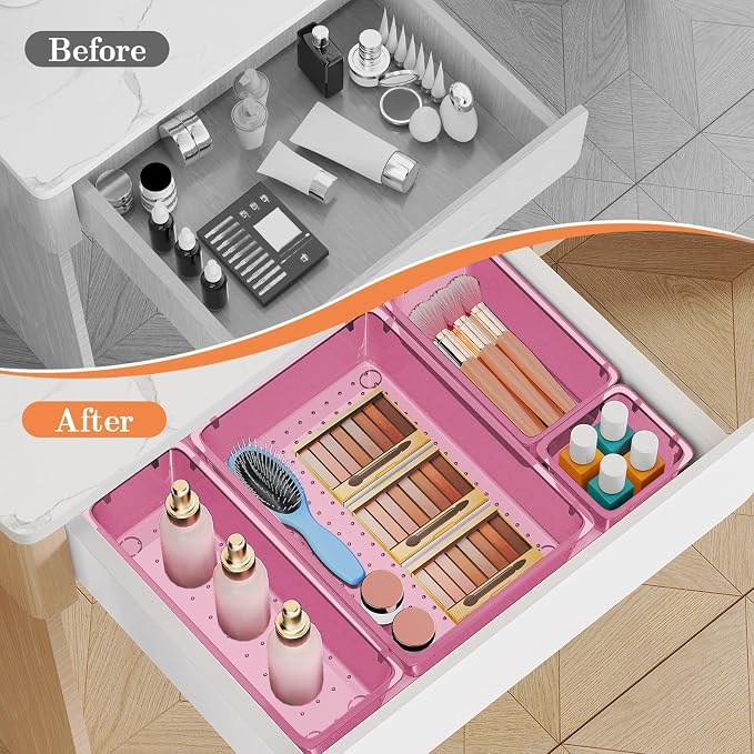 SpaceHacks 25 PCS Plastic Drawer Organizer Set, 4-Size Versatile Organizer Trays & Storage Bins for Makeup, Jewelry, and Gadgets in Bathroom, Bedroom and Office, Clear Pink - Image 4