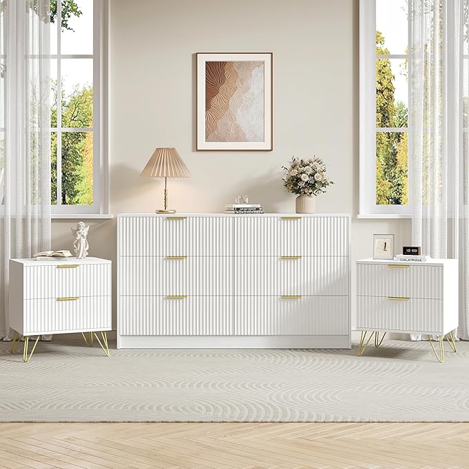 6 Drawer Dresser and Nightstand Sets for Bedroom, 3 Pcs Bedroom Set, Night Stand Set of 2 & 6 Drawer Dresser with Gold Handles, Modern Wood Chest of Drawers Storage Cabinet Set, White