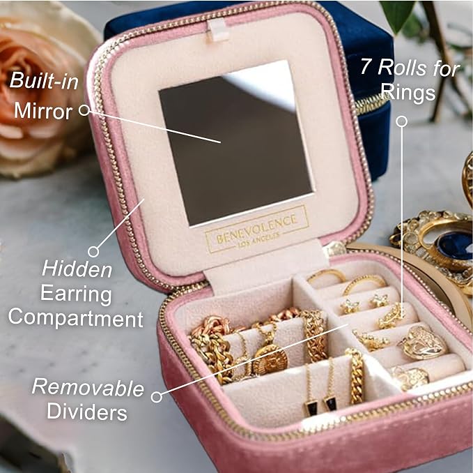 Benevolence LA Plush Velvet Jewelry Box | Travel Jewelry Case Organizer with Mirror | Featured in Oprah's Favorite Things | Best Gifts For Daughter, Girlfriend, Mom | Gifts For Her - Dusty Pink - Image 3