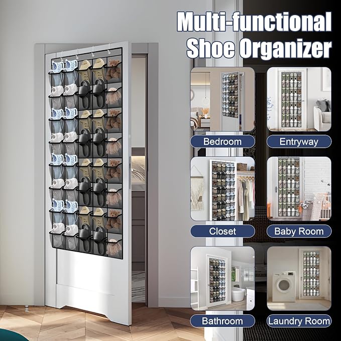 Over the Door Shoe Organizer - 40 Large Breathable Mesh Pockets, Space Saving Hanging Shoe Organizer with Metal Hooks, Hanging Shoe Rack for Men's and Women's Shoes (Grey) - Image 6