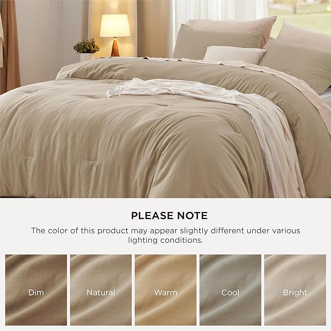 Bedsure Full Comforter Set, Khaki Soft Prewashed Bedding for All Seasons, 3 Pieces GentleSoft™ Bed Set, 1 Lightweight Comforter (82"x86") and 2 Pillowcases (20"x26")