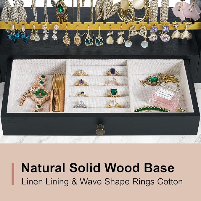Pinzoveco Earring Organizer, 5 Layer Earring Holder Organizer with Metal Necklace Holder Pole, Rustic Wood Jewelry Organizer Stand Display for Stud Earring Bracelet Necklace Ring, 175 Earring Holes - Image 5