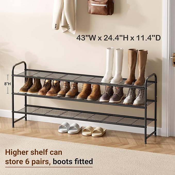 KEETDY 3-Tier Long Shoe Rack for Closet Metal Shoe Organizer for Entryway, Wide Stackable Shoe Storage Shelf with Sturdy Wire Grid for Closet Floor, Bedroom, Black - Image 3