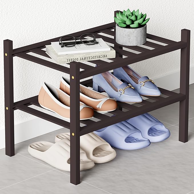 Smiry Bamboo Shoe Rack for Closet, 2 Tier Small Wooden Stackable Shoe Organizer, Free Standing Shoes Storage Shelf for Entryway, Front Door Entrance, Brown by Smiry