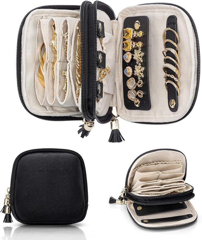 VLANDO Travel Jewelry Case,2-Layer Jewelry Organizer for Travel,Mothers Day Mom Gifts Teacher Gift,Multi-Compartment Jewelry Storage for Rings Earrings Necklaces Bracelets-Black by VLANDO