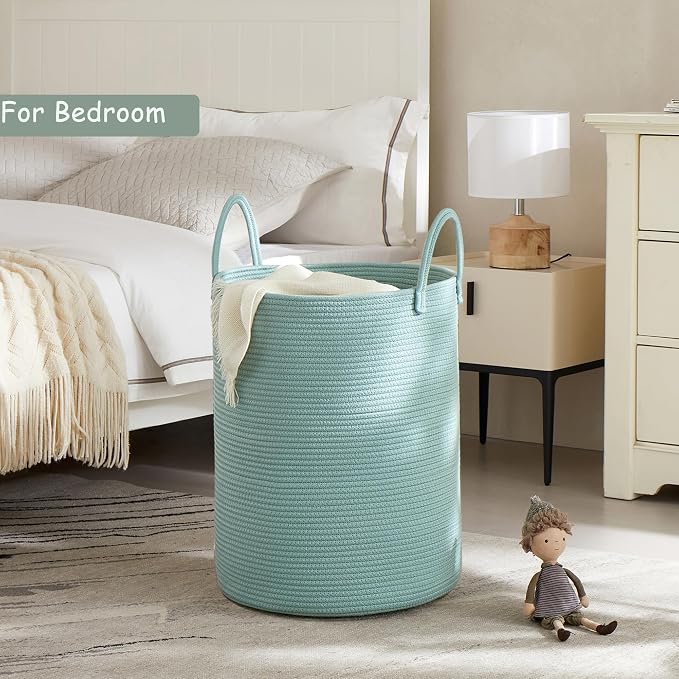 15Dx20H Inches Tall Green Cotton Rope Laundry Hamper Woven Basket for Clothes Blanket Storage in Bedroom Living Room for Baby Nursery Kids Toys Organize 62L Large Capacity - Image 2