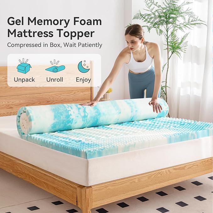 2 Inch 5 Zone Memory Foam Mattress Topper Queen Size, Comfortable Mattress Topper for Back Pain Relief, Gel Infused Bed Topper, Blue