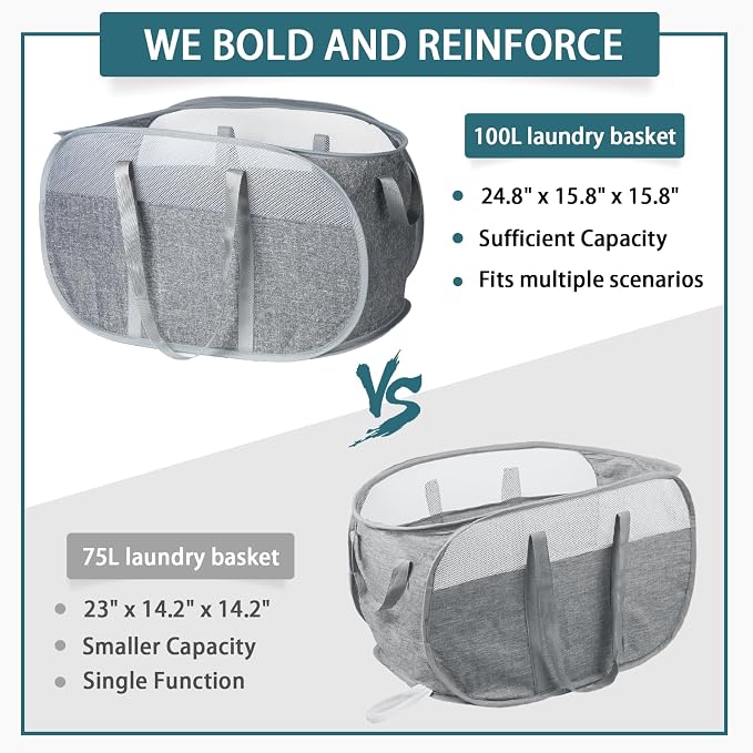 100L Collapsible Laundry Baskets, Tear Proof Pop Up Laundry Hamper with Dual Handles, Large Foldable Laundry Basket, Easy to Carry Laundry Hamper for Home, Laundry Room, Bedroom, Dorm, Travel Grey - Image 5