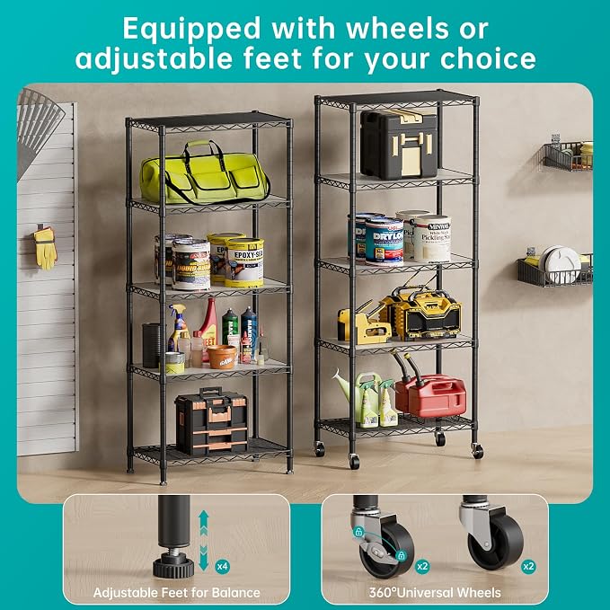 SINGAYE 5 Shelf Storage Wire Shelves Closet Bathroom Organizers Metal Pantry Kitchen Garage Shelving Unit Laundry Room Organization Home Narrow Rack Net Basket with Wheels Black - Image 4