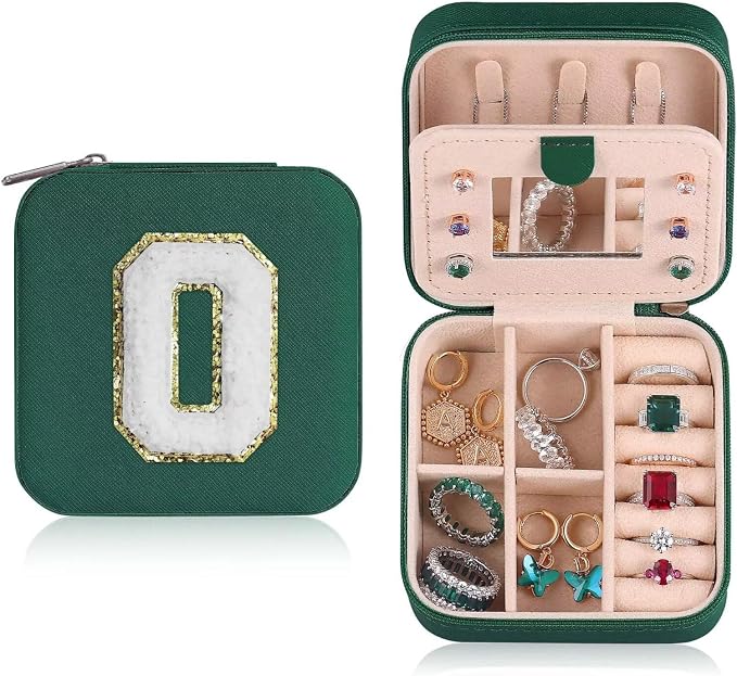 ETHOON Jewelry Travel Case Small Organizer Stocking Box Personalized Gifts Teenage Jewelry Accessories Holiday Christmas Gift for Women Green, Letter O by ETHOON