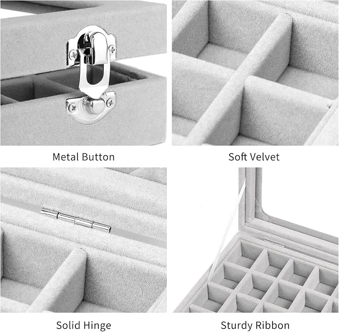 Jewelry Box 24 Grid Velvet Jewelry Tray for Drawers Glass Clear Lid Showcase Display Storage Ring Trays Holder Earrings Organizer Case(Grey) - Image 3