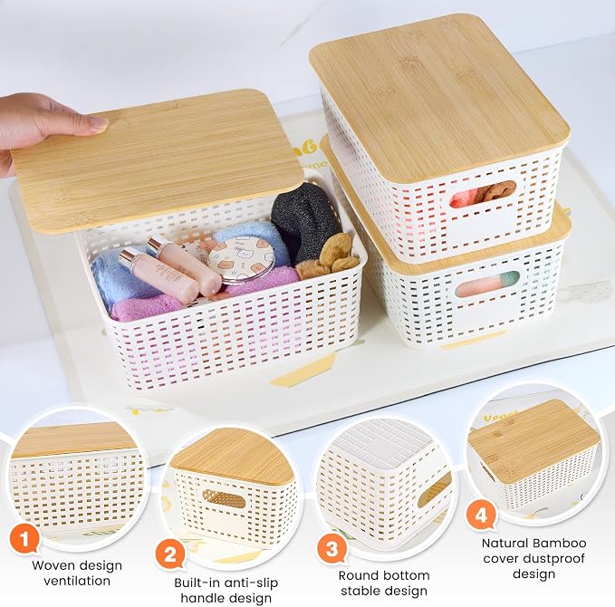 Ohmlove Plastic Storage Baskets With Bamboo Lid - Plastic Storage Containers Stackable Storage bins: Storage Baskets for Organizing Shelves Drawers Desktop Closet Playroom Classroom Office, 6 Pack - Image 3