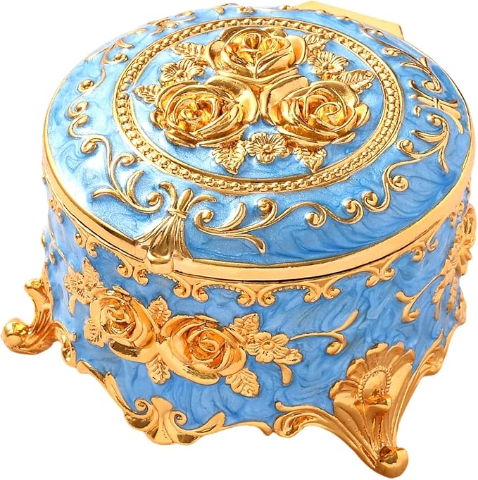 Vintage Jewelry Box, Gold Round Treasure Ring Box, Metal Trinket Organizer Keepsake Box Gift for Girl Women, Light Blue by Unknown