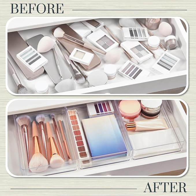STORi SimpleSort 3-Piece Stackable Clear Drawer Organizer Set | 9" x 6" x 2" Rectangle Trays | Wide Makeup Vanity Storage Bins and Office Desk Drawer Dividers | Made in USA - Image 6