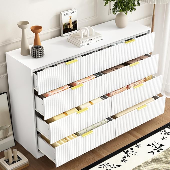 8 Drawer Dresser and Nightstand Sets for Bedroom, 3 Pcs Bedroom Set，Night Stand Set of 2 & 8 Drawer Dresser with Gold Handles, Modern Wood Chest of Drawers Storage Cabinet Set, White