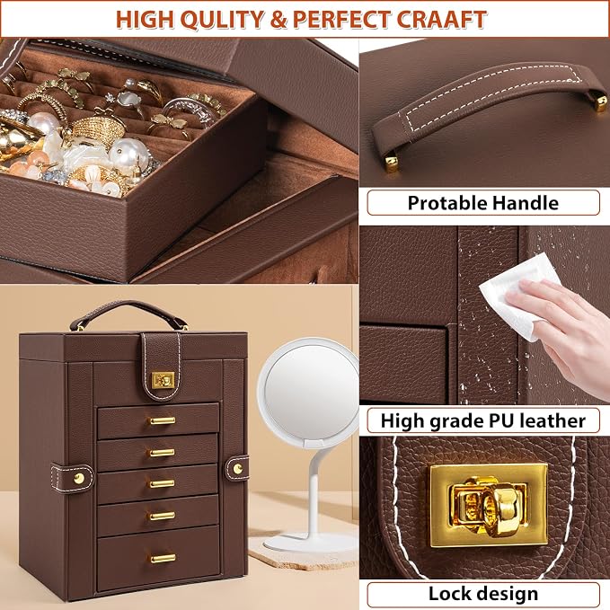 AKOZLIN Jewelry Box Organizer Functional Leather Jewelry Storage Case for Women Girls Ring Necklace Earring Bracelet Holder Organizer with Mirror Brown - Image 8
