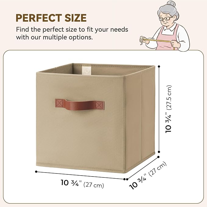 GRANNY SAYS Cube Storage Bins, 11 Inch Cube Storage Organizer with PU Handle, Khaki, Foldable Clothing Organizer Bins, Storage Baskets for Shelves, Closet, 6-Pack - Image 3