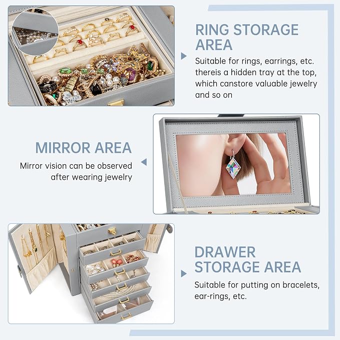 AKOZLIN 6-Tier Jewelry Box Organizer Functional 5 Drawers Leather Jewelry Storage Case for Women Girls Ring Necklace Earring Bracelet Holder Organizer with Mirror Grey - Image 2