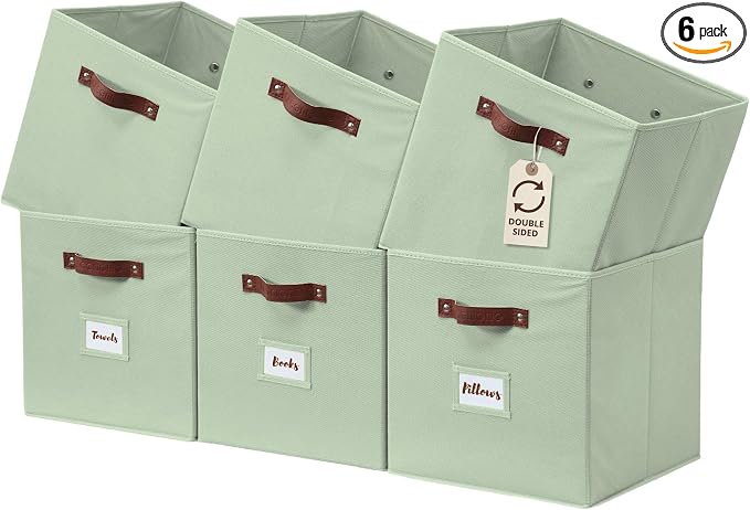 DECOMOMO Storage Cubes, 13x13x13 Storage Cube Bins with Labels, Fabric Organizer Bins (13" / 6pcs, Sage Green) by DECOMOMO