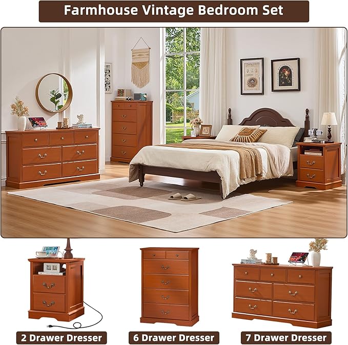 Farmhouse Dressers & Night Stand Set of 3,54" Wide 7 Drawer Dresser,18" Wide 2 Drawers End Table with Charging Station Set of 2,Furniture Dresser Sets for Home Caramel