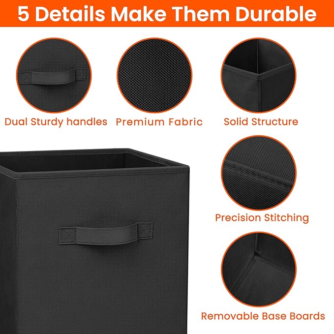 Criusia Storage Cubes - 11 Inch Heavy Duty Fabric Storage Bins for Shelves Closet, Cube Organizer - 8 Pack Collapsible Cube Storage Bins Baskets for Organizing Clothes Blankets Toys (Black) - Image 3