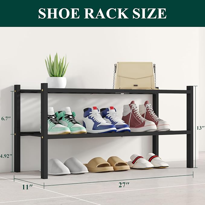 Smiry Shoe Rack, 2 Tier Bamboo Shoe Organizer, Stackable Free Standing Wooden Shoe Storage Shelf for Closet, Entryway, Front Door Entrance, Black - Image 2