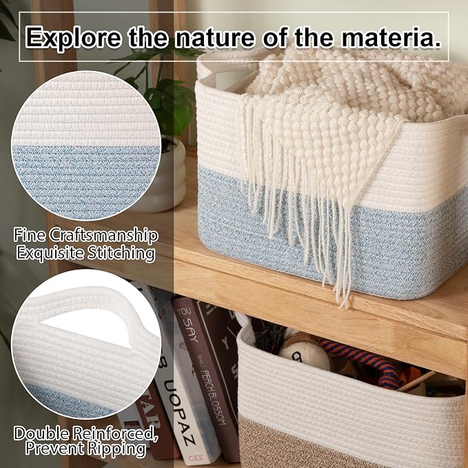 OIAHOMY Woven Storage Basket for Shelves, Rectangle Cotton Rope Baskets for Organizing, 13 x 10 x 9 in, Storage Bins for Dog Toys,Towel,Books,Gift,Blue and White - Image 5