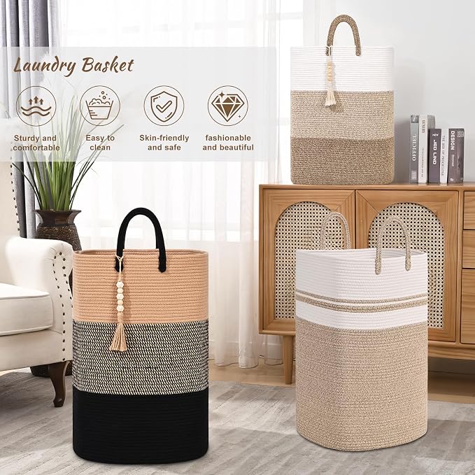 Woven Laundry Basket for Clothes, 80 L Large Rectangle Laundry Hampers with Beads Tassel, Nursery Storage Basket for Toys, Tall Dirty Clothes Hamper for Bedroom Aesthetic, Laundry Room Organization - Image 7