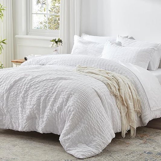 Zzlpp Twin Comforter Set 5 Pieces, White Seersucker Bed in a Bag with Comforter and Sheets, All Season Bedding Sets with 1 Comforter, 1 Pillow Sham, 1 Pillowcase, 1 Flat Sheet