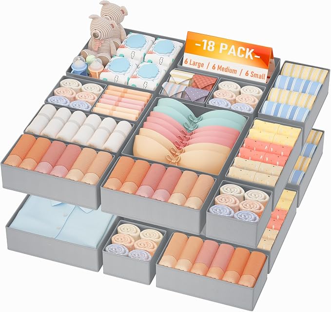 DIMJ Drawer Organizer Clothes Storage- 18 Pack Baby Dresser Organizer for Nursery, Foldable Closet Drawer Organizer Bins for Bedroom Organization, Fabric Storage Dividers for Socks, Underwears, Bras by DiMJ