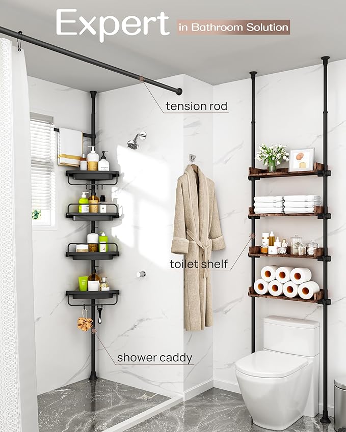ALLZONE Corner Shower Caddy Tension Pole, Extendable Rustproof Stainless Steel Pole & 4-Tier Adjustable Shelves for Easy Drainage and Built-to-Last Stability, 34 to 116 Inches, Black - Image 3