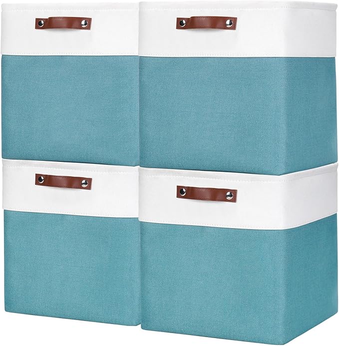 Bagnizer 13x13 Cube Storage Bins, Collapsible Fabric Storage Box, 4 Pack Closet Baskets with Handles for Organizing, Shelf, Toys, Clothes, Home, Office, Nursery (Teal&White) by Bagnizer