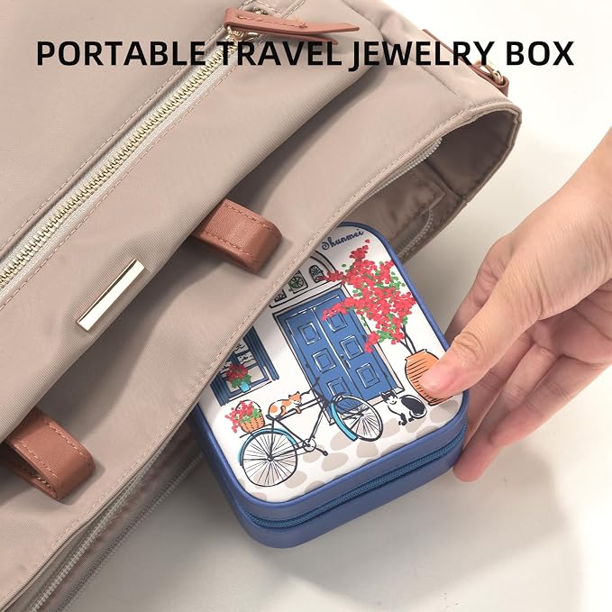 shunmei Mini Travel Jewelry Box,PU Leather Portable Jewelry Organizer Case,Art Accessories Storage Holder Boxes for Earring, Necklace, Rings, Bracelets (Two Cats) - Image 2