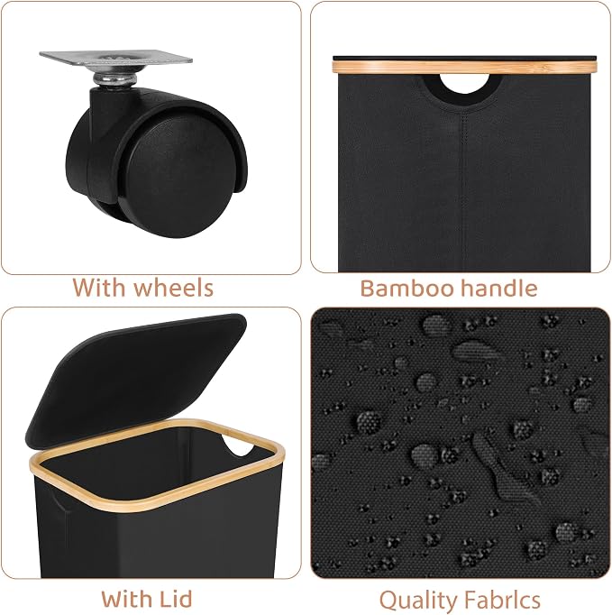Laundry Basket with Wheels,100L Hampers for Laundry,Black Large Laundry Hamper with Lid and Bamboo Handles,Collapsible & Waterproof Tall Cloth Hamper for Dormitory Family - Image 2