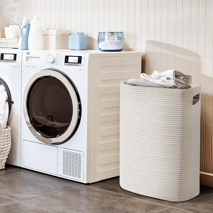 MEGASKET Large Laundry Hamper 16"x13"x22" - Tall Woven Laundry Basket, Cotton Rope Dirty Clothes Hamper, Baby Kids Nursery Wicker Laundry Basket, Bedroom Aesthetic, Soft Laundry Bin, White Hamper, 75L - Image 5