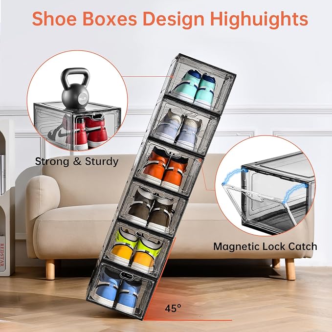 INSTY 12 Pack Gray Transparent Shoe Storage Organizer, Stackable Shoe Boxes for Closet, Drop Front Plastic Shoe Box with Grey Door, Easy to Assemble, Fit up US Size 12(13.4”x 9.8”x 7.1”) - Image 3