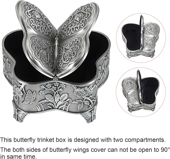 Hipiwe Antique Metal Jewelry Box Butterfly Shape Jewelry Organizer Vintage Trinket Storage Box Treasure Chest Ring Holder Earrings Necklace Storage Box Decorative Metal Box for Women, Large - Image 3