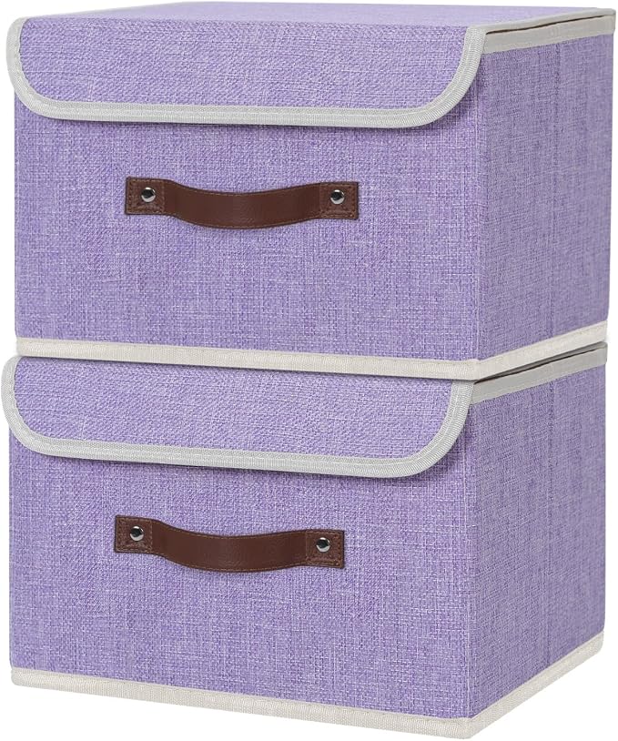 ANMINY 2PCS Storage Bin with Lid Storage Boxes with PU Leather Handles PP Plastic Board Decorative Foldable Lidded Cotton Linen Fabric Home Cubes Baskets Closet Organizer Container - Purple, Medium by ANMINY