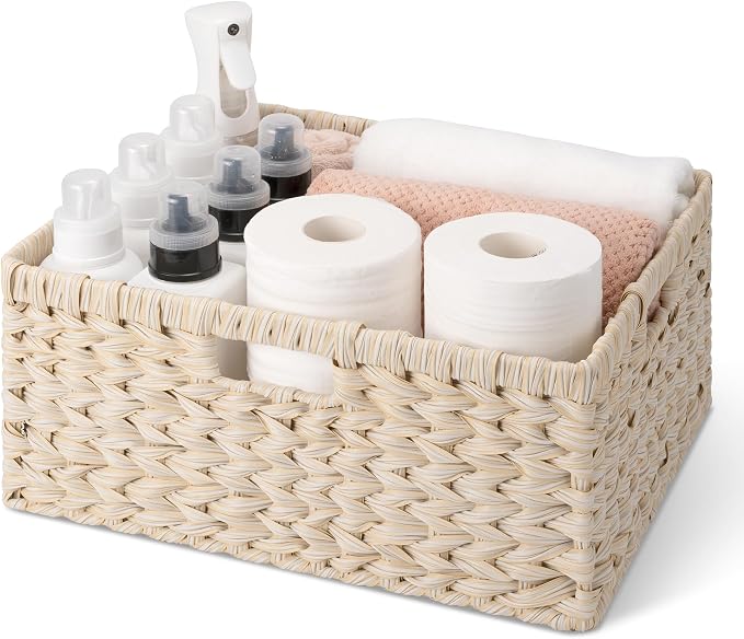 GRANNY SAYS Basket for Organizing, Wicker Storage Baskets for Shelves, Woven Baskets for Storage, Waterproof Shelf Baskets for Living Room, Rectangular Woven Basket with Handles, 1-Pack by GRANNYSAYS